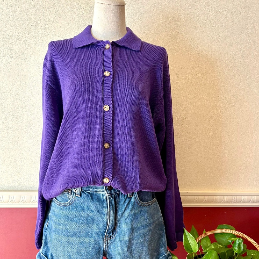 Vintage Lands End Purple 100% Cotton Shaker Knit Cardigan Sweater S Academia 90s